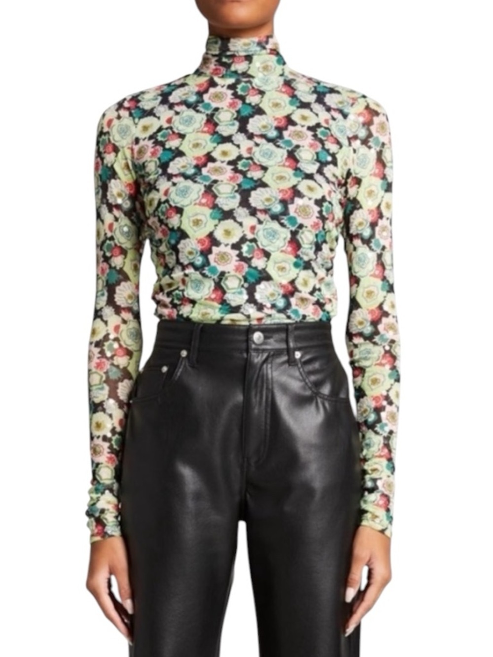 Cinq a Sept Stretch Cotton Floral Mesh Sequin Turtleneck Top In Green Size S